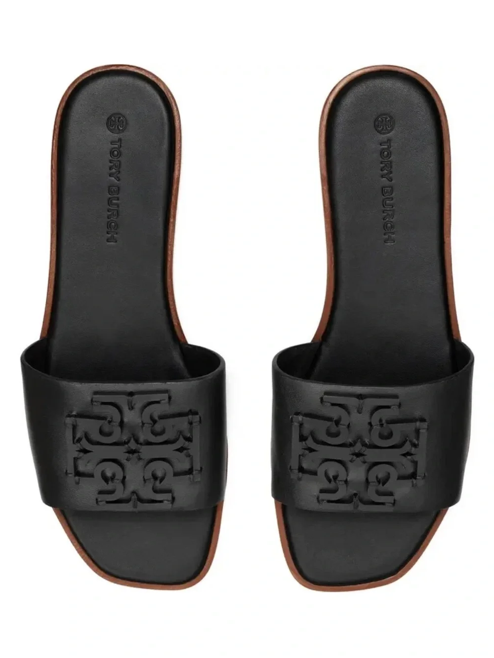 Tory Burch Ines Black Leather Slide Sandals with Logo Accent - Women
